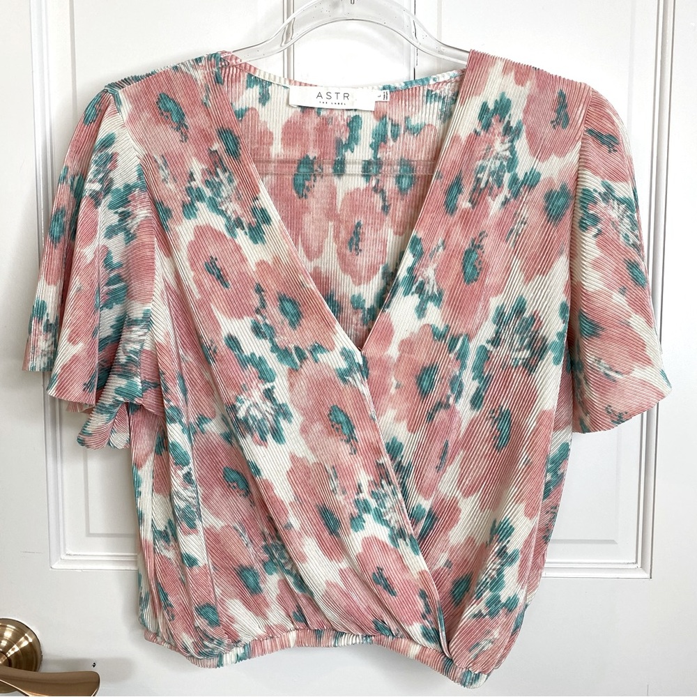 REVOLVE ASTR The Label Pink and Teal Watercolor Floral Wrap Blouse